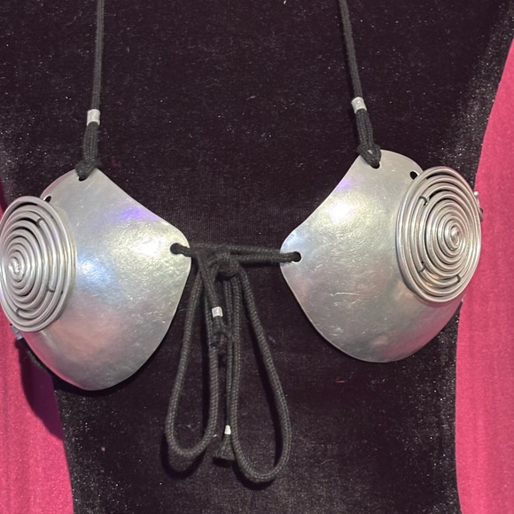 Silver Metal Disc Bikini Top with Tie Straps - Women Cyberpunk - Picture 5 of 10